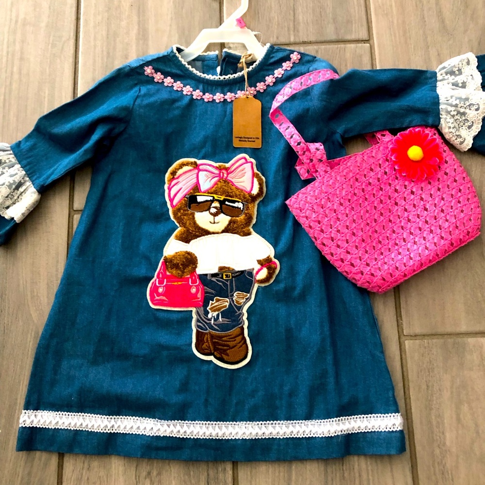 Blue Dress with Bear Appliqué and Pink Bag